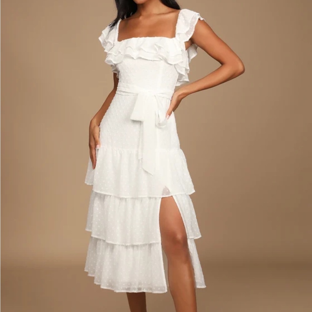 Lulu's White Ruffled Tiered Midi Dress